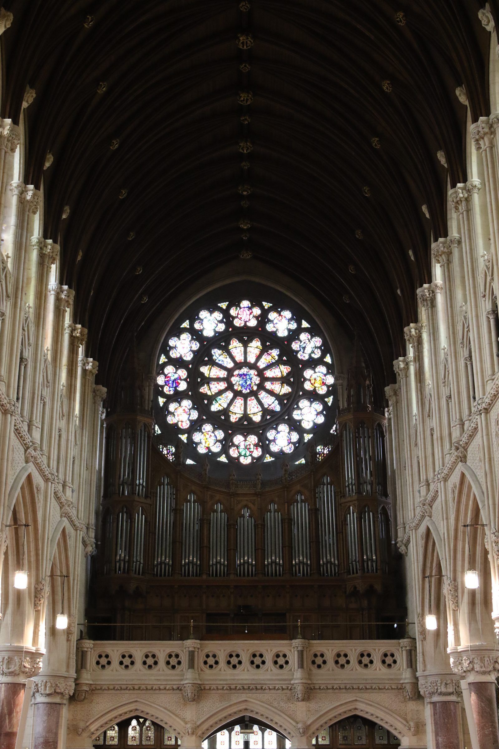 A cathedral interior looking up to a glowing rose window above the organ pipes beneath a dark timber roof