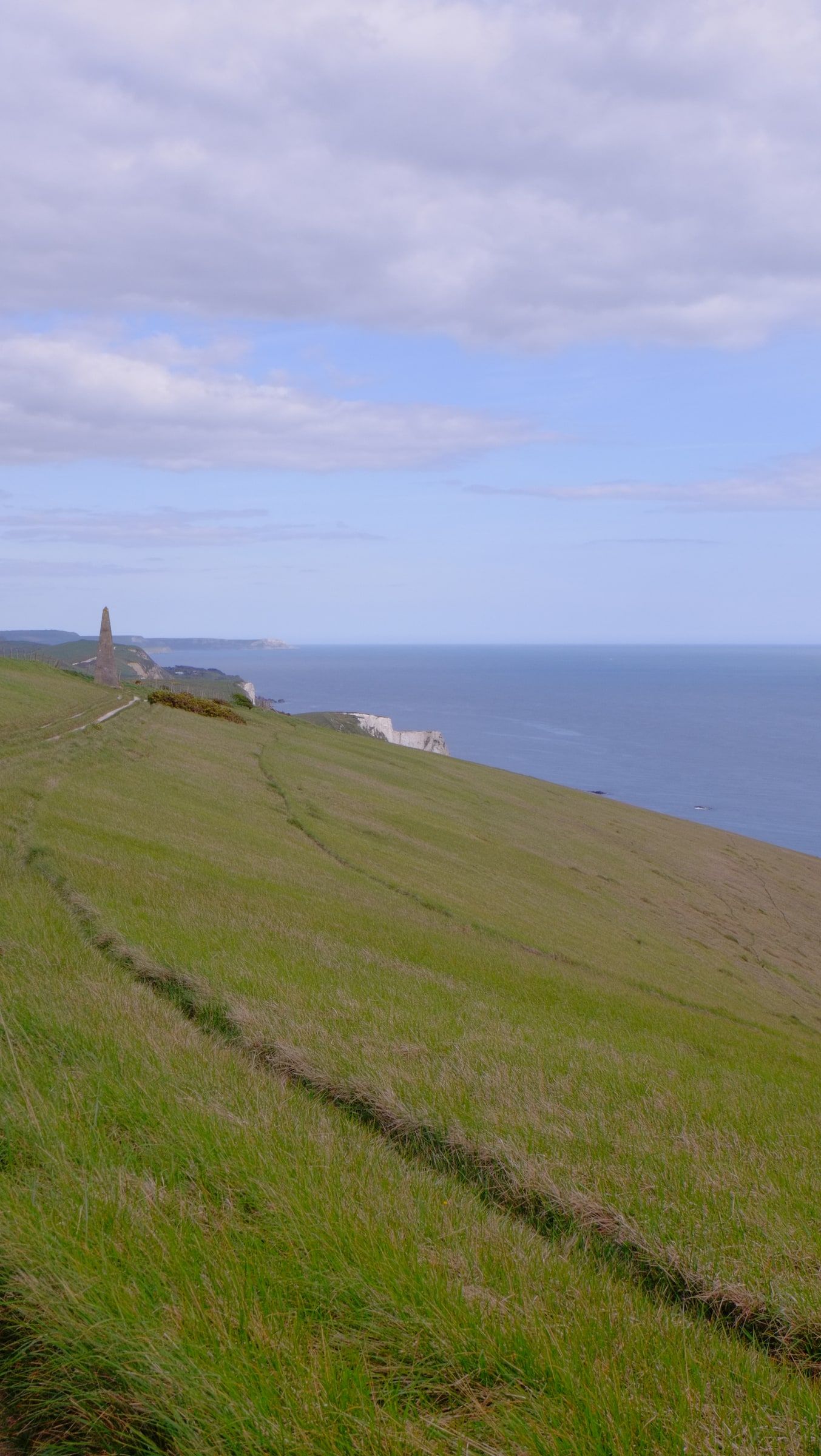 Grassy downland sloping towards the sea, with chalk cliffs and a monument far along the coast